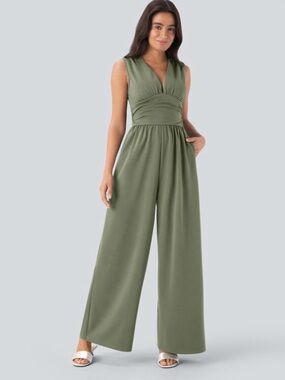 Halara Olive Sleeveless Deep V Maxi Jumpsuit